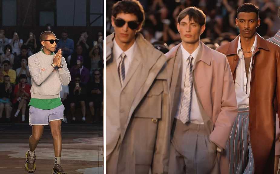 Foto da Fila final do Desfile LV em Paris e o agradecimento de Pharrell, diretor criativo da maison.