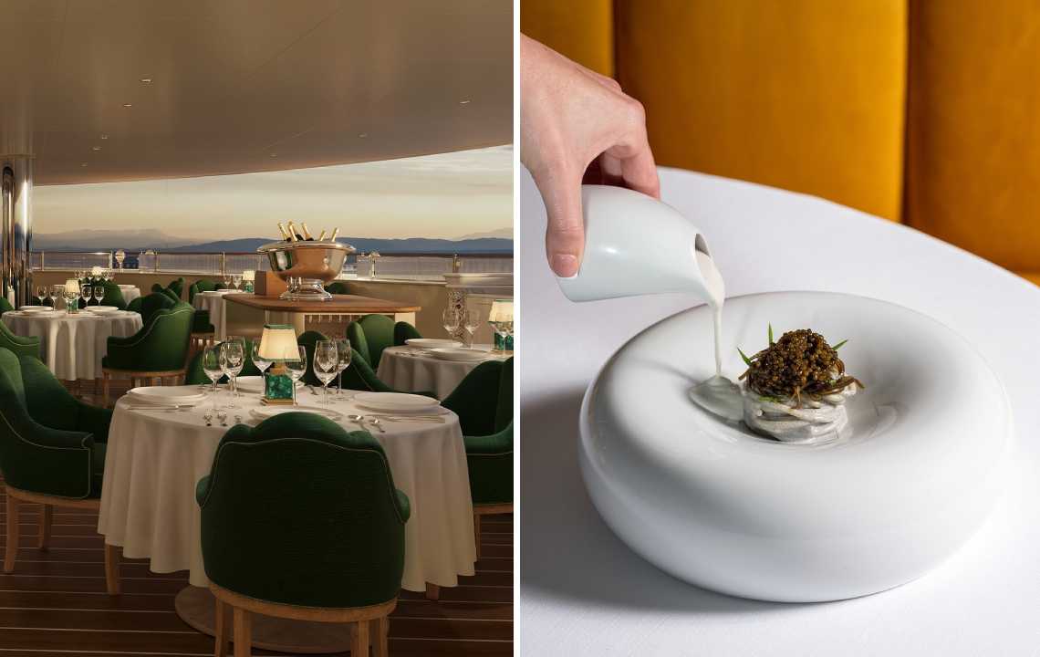 Montagem de fotos de Detalhes da gastronomia do Four Seasons Yatchs.