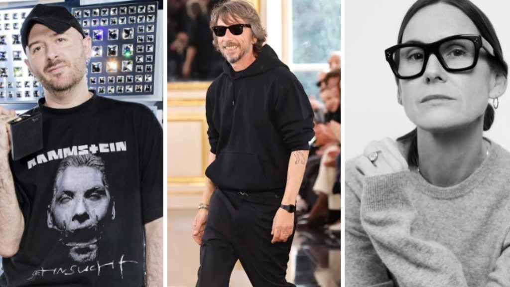 Foto de Demna que vai estreiar como diretor criativo da Gucci, Pierpaolo Piccioi que vai estreiar na Balenciaga e Louise Trotter, que foi para a Bottega Veneta, todas marcas do grupo Kering.