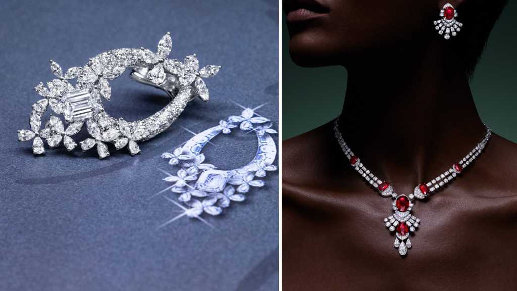 Montagem de fotos de peças de diamantes da Graff, uma das marcas de joias britânicas mais famosas e tradicionais do mundo.