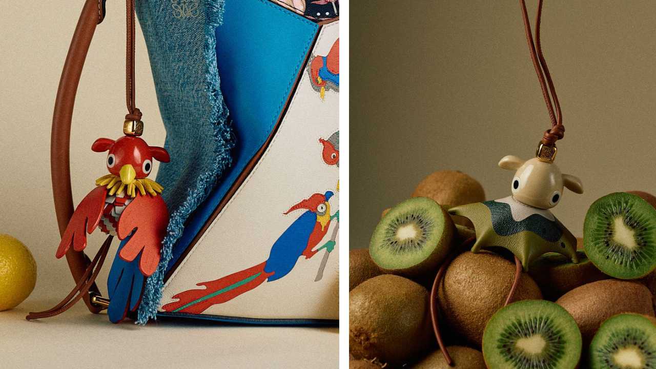 Montagem de fotos dos enfeites de bolsa LParroto Puzz e Kiwi Puzz: Os bag charms estilo "labubus" da Loewe. .