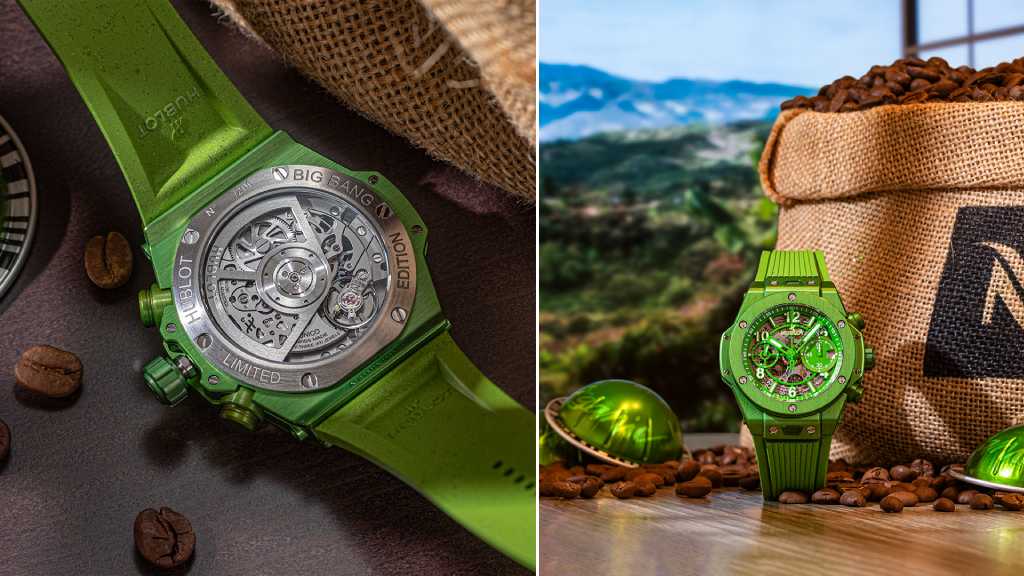 Montagem de fotos do Hublot Big Bang Unico Nespresso Origin um dos relógios de luxo sustentáveis de marca suíça.