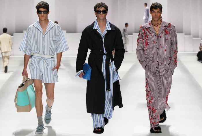 Montagem de fotos de modelos na passarela da dolce e gabbana na semana de moda masculina verão 2026.