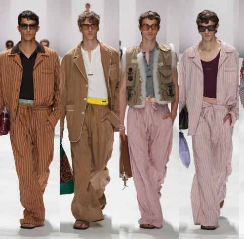 Montagem de modelos usando roupas etilo pijama n o desfile masculino da dlce e gabbana.