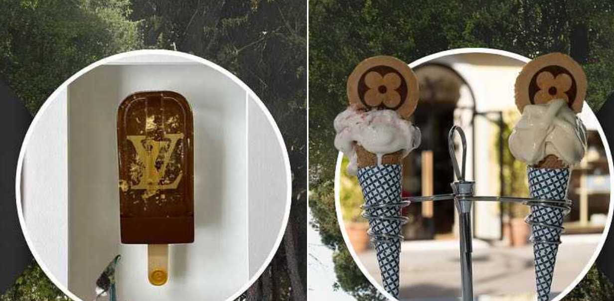 Montagem de fotos de 
Sorvetes da Louis Vuitton decorados com o icônico monograma da marca