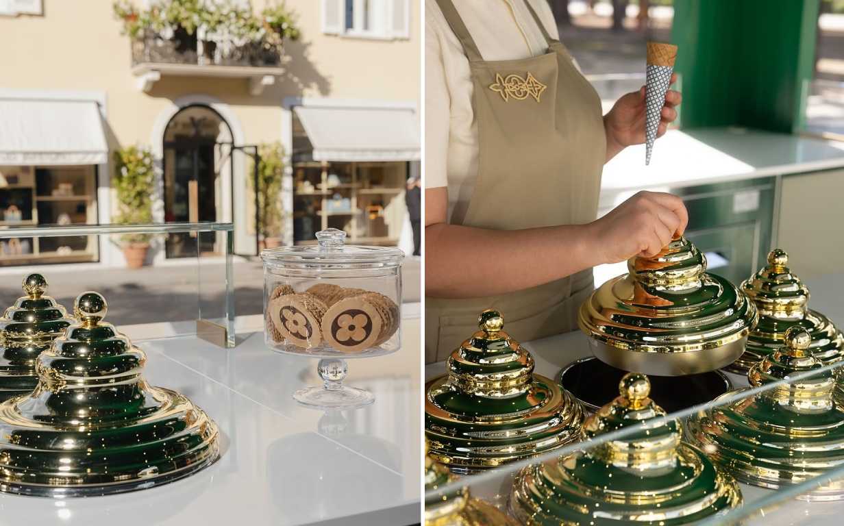 Montagem de fotos de Detatlhes da Sorveteria Pop-Up da Louis Vuitton. na Itália.