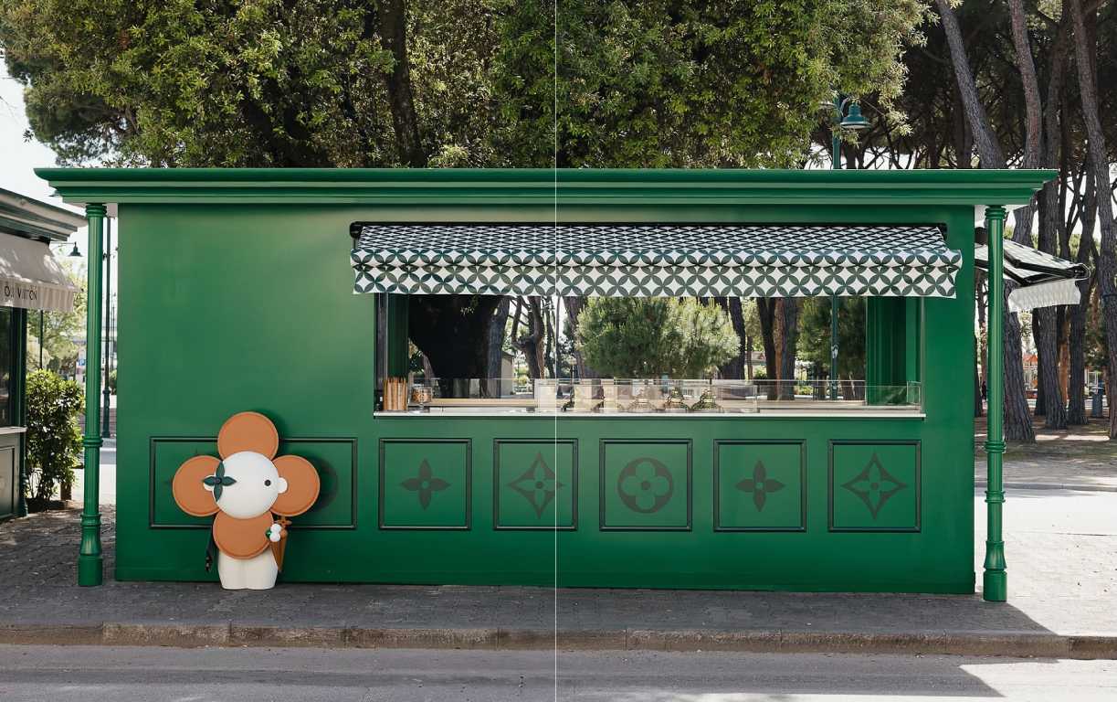 Foto da fachada verde da Sorveteria Louis Vuitton na Itália.