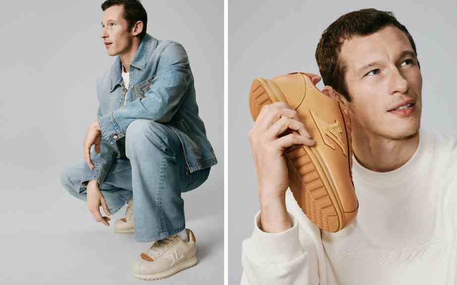 Montagem de fotos de Callum Turner, embaixador da Louis Vuitton, na campanha do Novo Tênis LV Buttersoft.