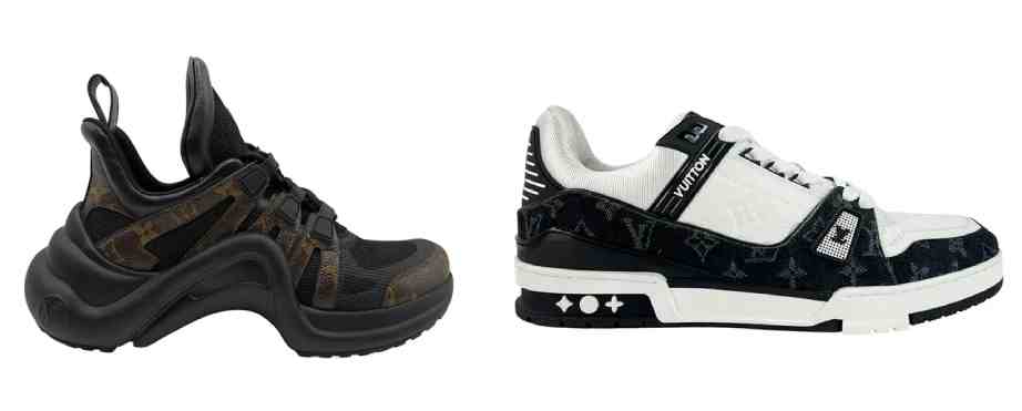 Montagem de fotos de sneakers famosos da Louis Vuitton: Tênis LV Archlight de Nicolas Ghesquière e LV Trainer de Virbil Abloh.