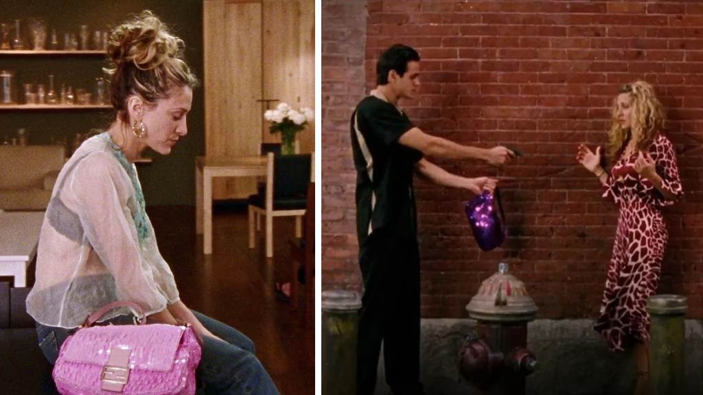 Montagem de duas fotos de Cenas inesquecíveis de Sex And The City com a icônica bolsa da Fendi. 