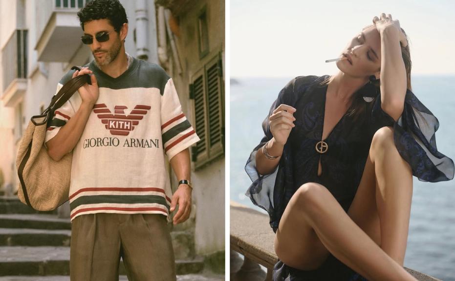Montagem de fotos da collab de luxo Giorgio Armani X Kith.