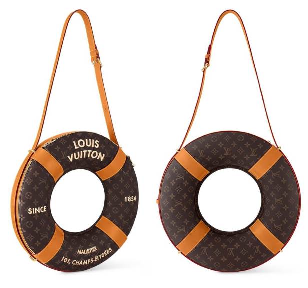 Montagem de fotos do modelo de bolsa em formato de salva-das da louis vuitton.