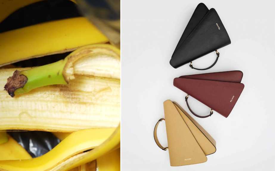 Montagem de fotos da bolsa de luxo sustentável da Sentèz marca espanhola que cria acssórios de couro com casca de banana.