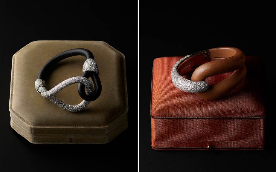 Montagem de fotos de joias da Gucci com a Pomellato exibidas durante a Semana de Alta-Costura de Paris de Julho 2025.