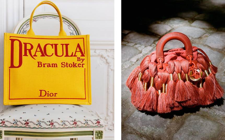 Montagem de duas fotos da Bolsa Book Tote com estampa Dracula ao lado da Lady Dior inspirada pelo trabalho da artista têxtil Sheila Hicks.