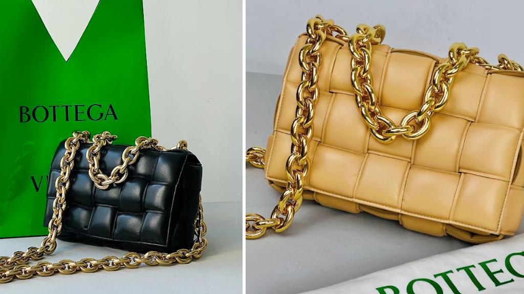 Montagem de fotos de bolsas da bolsa cassette chain da Bottega Veneta.