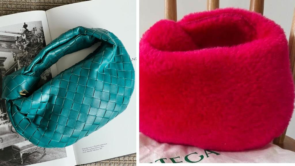 Montagem de fotos de bolsas bottega veneta elegantes.