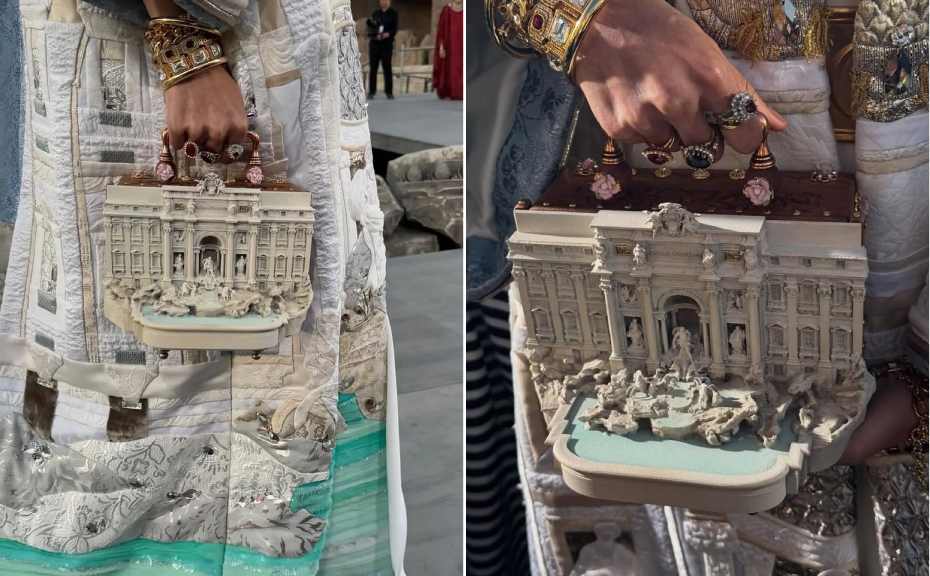 Montagem de fotos da Bolsa Dolce e Gabbana inspirada na Fontana di Trevi.