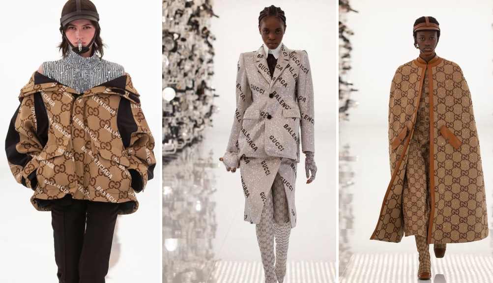 Montagem de fotos do desfile de 2021 da Gucci com a Balenciaga, onde Demna brincou com os códigos das duas marcas.