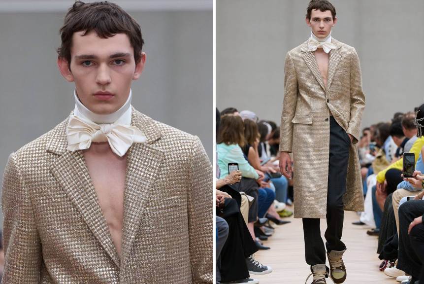 Montagem de fotos do desfile masculino de estreia de Jonathan Anderson na Dior com o casaco com fio metálico de mais de um milhão de reais.
