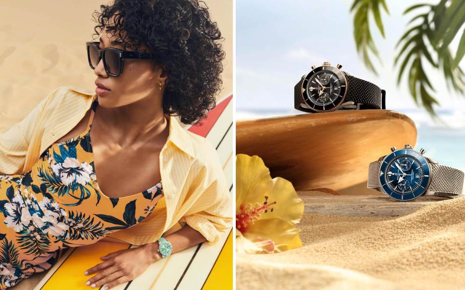 Montagem de fotos do relógio Superocean Heritage da Breitling com a Havaianas.