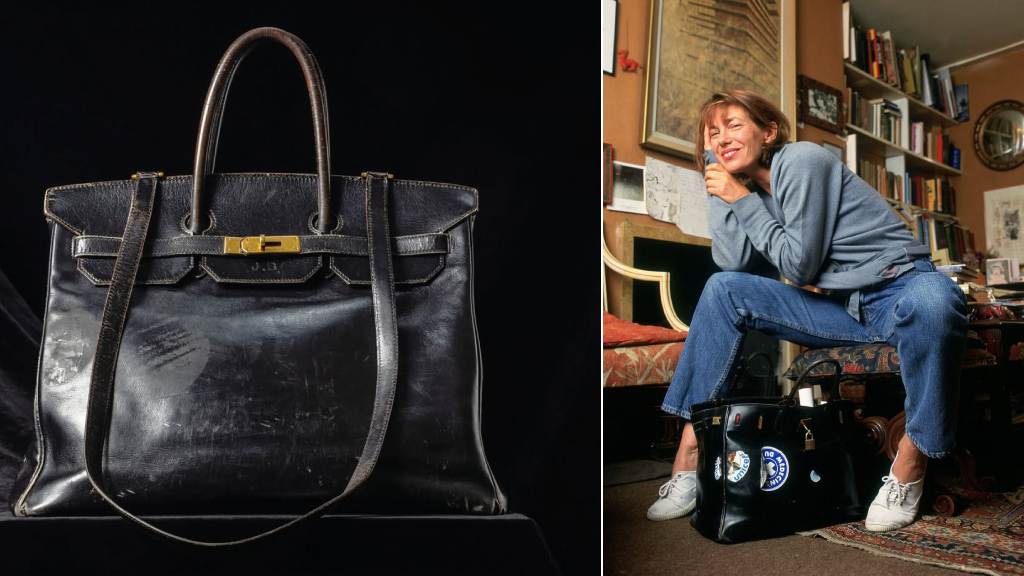 Montagem de fotos do protótipo da Bolsa Birkin da Hermès ao lado de Jane Birkin usando o modelo cheio de adesivos.