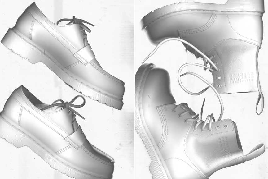 Foto dos calçados brancos feitos em collab MM6 Maison Margiela e Dr. Martens.