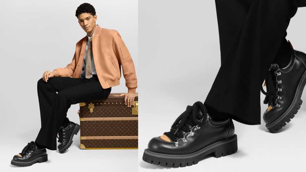 Montagem de fotos dos novos sapatos masculinos da Louis Vuitton, Derby Remix, feito em collab com Pharrell e Nigo.