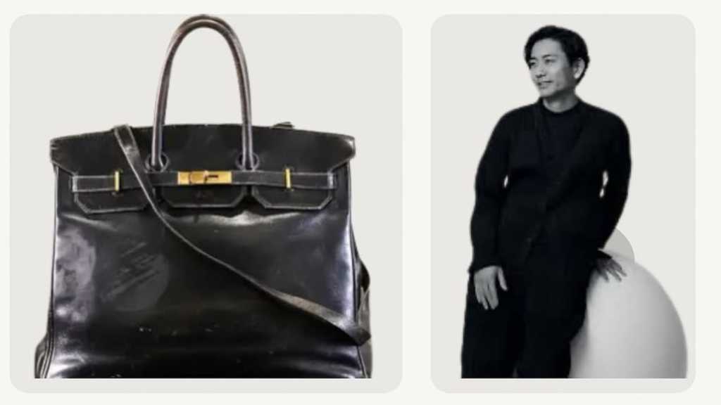 Montagem de fotos da bolsa da Hermès e de Shinsuke Sakimoto, o homem quem comprou a Birkin original de Jane Birkin em um leilão por 7 milhões de euros.