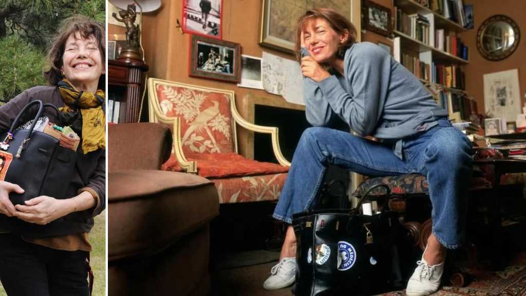 Fotos da atriz Jane Birkin usando a primeira bolsa birkin do mundo, leiolada pela Sotheby’s  arrematada por Shinsuke Sakimoto..