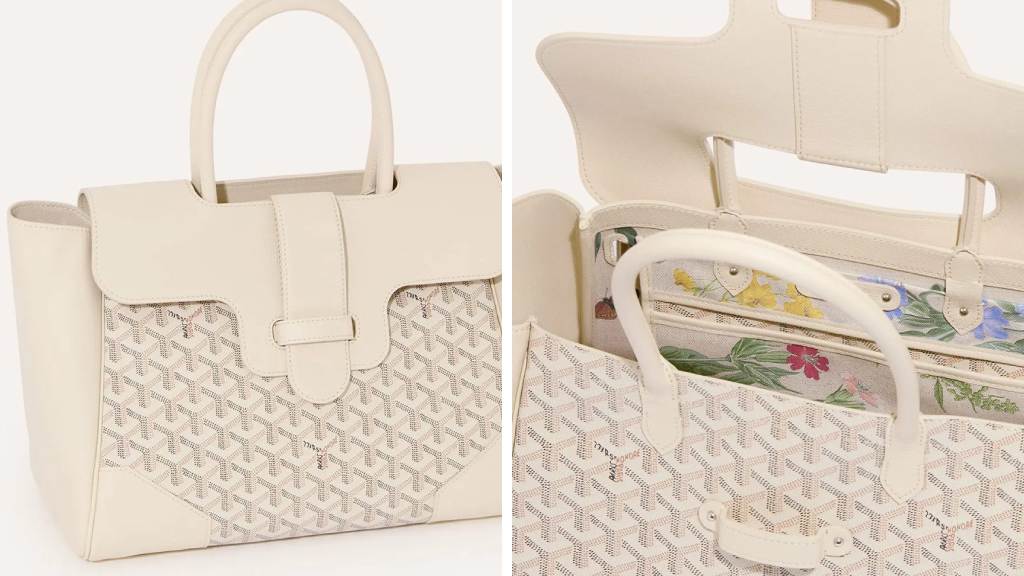 Montagem de fotos da Bolte Tote Saigon da Goyard da coleção Le Jardin com a nova cor off-white e interior com bordados florais.