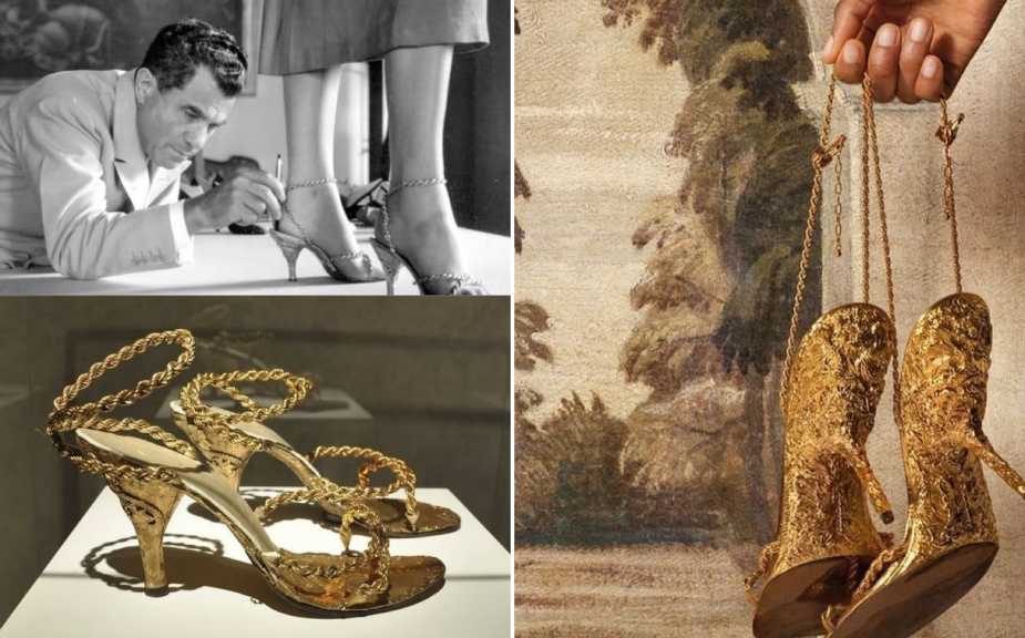 Montagem de fotos das Sandálias com saltos de ouro maciço criadas por Salvatore Ferragamo para uma cliente misteriosa. 