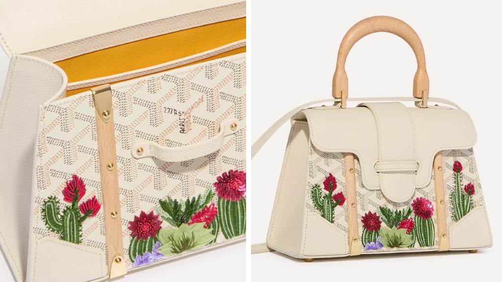 Montagem de fotos de bolsas cor com bordados de flores.