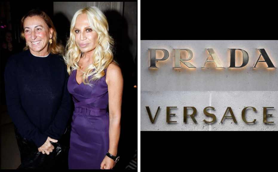 Montagem de fotos de Miuccia Prada ao lado de Donatella Versace.