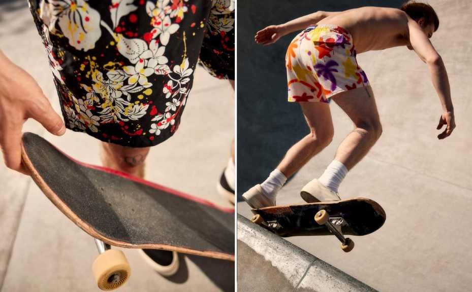 Montagem de fotos de bermudas de banho de luxo da marca francesa Vilebrequin com Palm Angels.