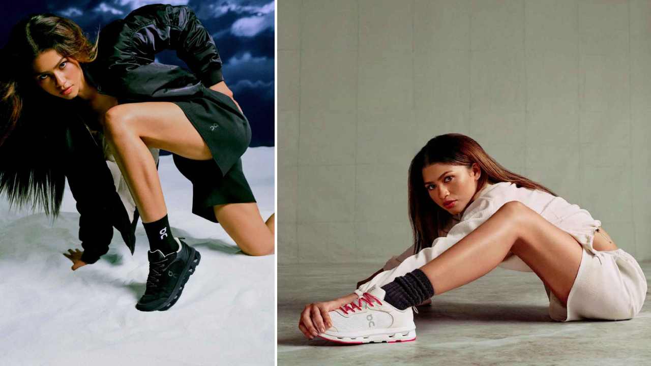 Montagem de fotos do tênis da collab da zendaya com a on running.