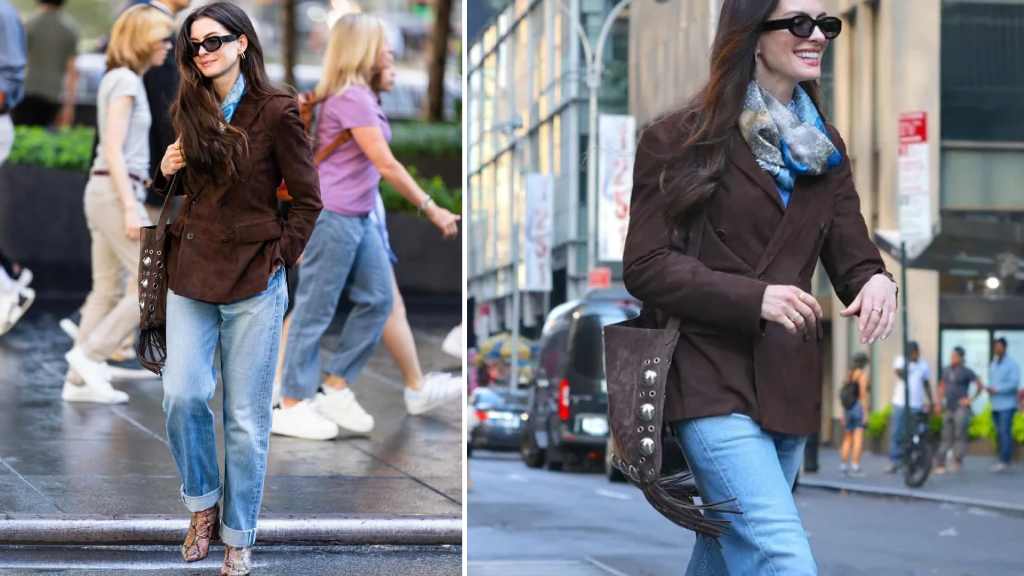 Montagem de fotos de filmagens do filme O Diabo veste prada 2, onde a personagem de Anne Hathaway usa a Bolsa Valentino Nellcôte de camurça marrom.