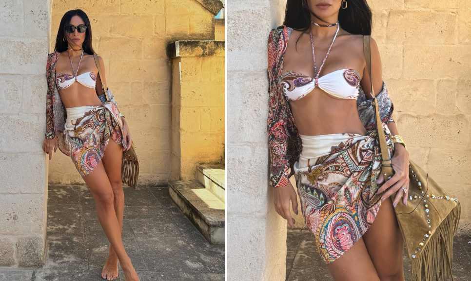 Montagem de fotos de Silvia Braz uma das influenciadoras de moda brasileira usando a nova bolsa valentino Nellcôte de camurça e franjas.