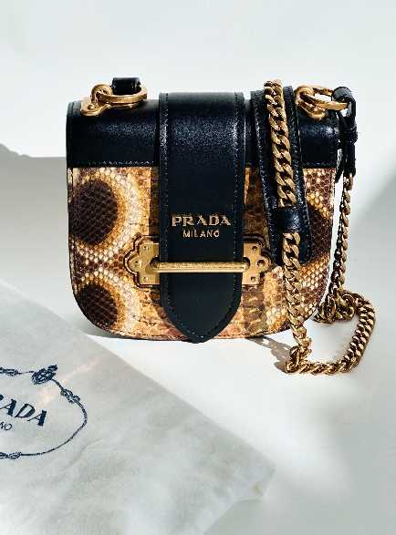 Foto de bolsa de luxo com alça de corrente da Prada.