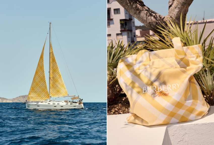 Montagem de fotos do barck Chek Mate que navega em Ibiza ao lado de bolsa Burberry com xadrez em versão amarelo vibrante.