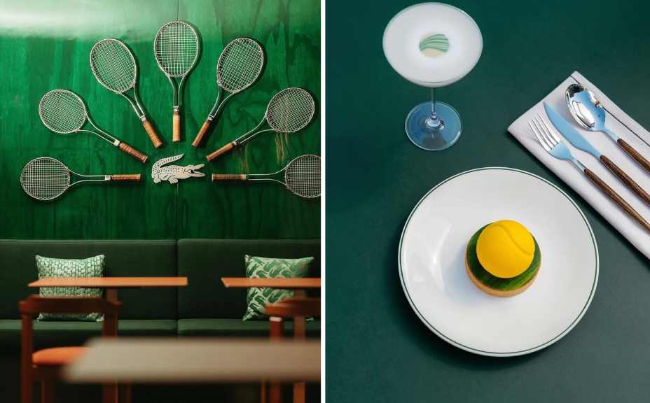Montagem de fotos da decoração do primeiro Lacoste Café em um hotel de Mônaco.