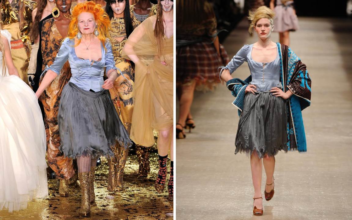 Montagem de fotos da estilista britânica Vivienne Westwood usando o Cinderella Dress ao lado da modelo usando o mesmo model em seu desfile em 2011.