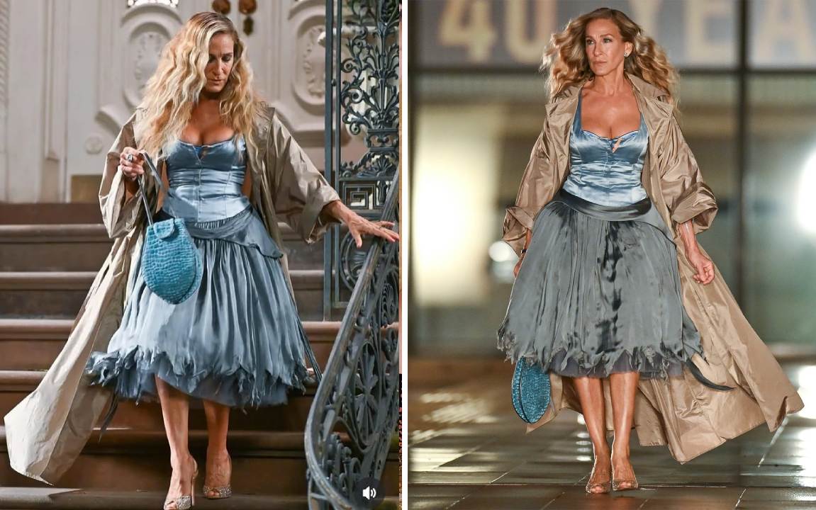 Montagem de fotos de Carrie Bradshaw personagem de Sarah Jessica Parker na série And just like that... usando vestido Cinderela de Vivienne Westwood.