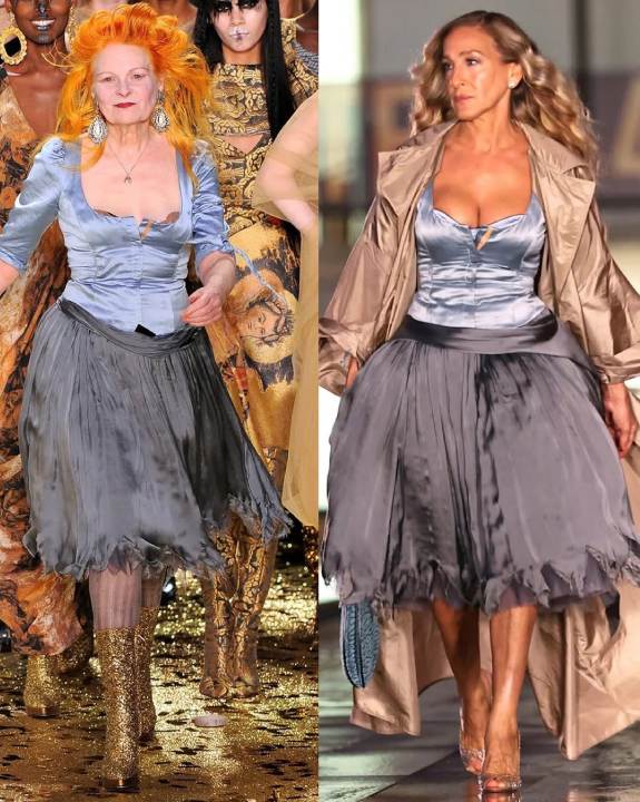 Montagem de fotos da estilista Vivienne Westwood e Sarah Jessica Parker, Carrie Bradshaw, usando o vestido Cinderela.