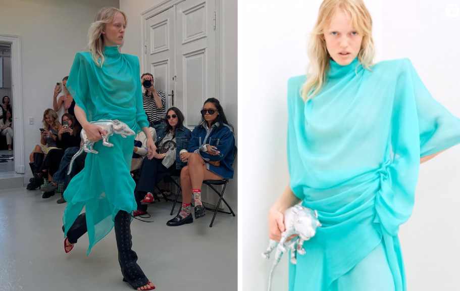 Montagem de fotos de modelo segurando a clutch em formato de rato metalizado no desfile de Anne Sofie Madsen na Semana de Moda de Copenhagen.