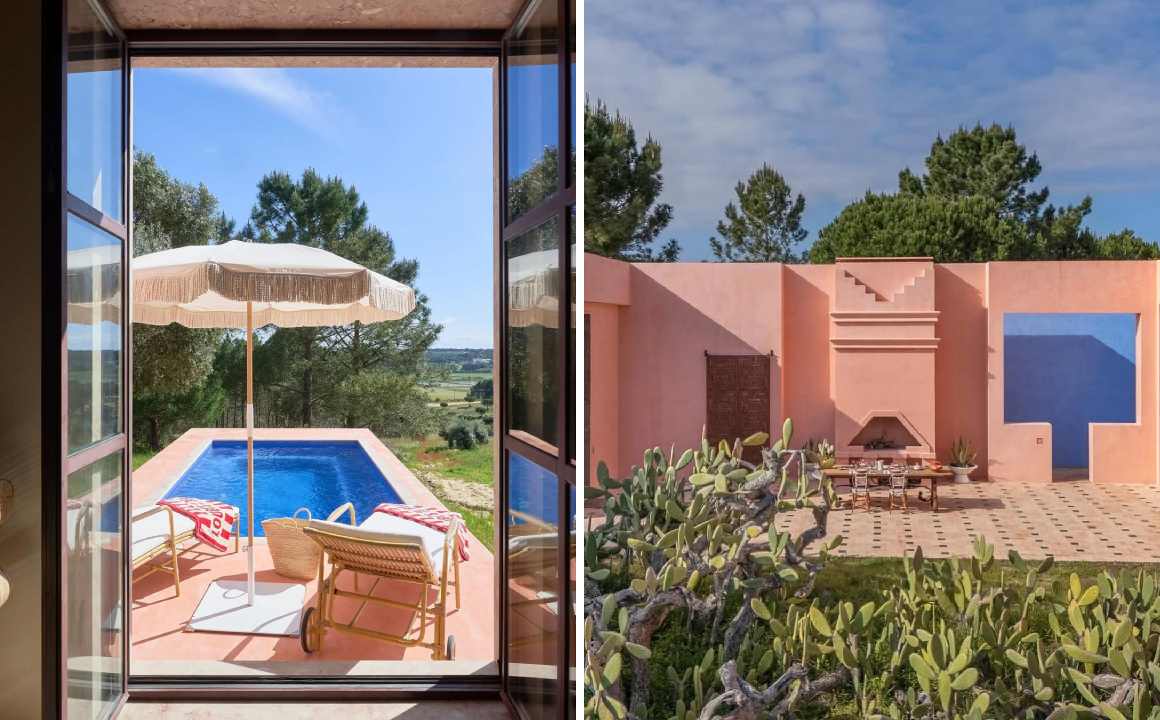 Montagem de fotos da piscina do La Salvada, nova villa assinada por Christian Louboutin em Portugal.