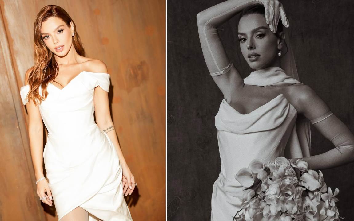 Montagem de fotos de Giovanna Lancellotti usando vestido de noiva assinado por Vivienne Westwood.