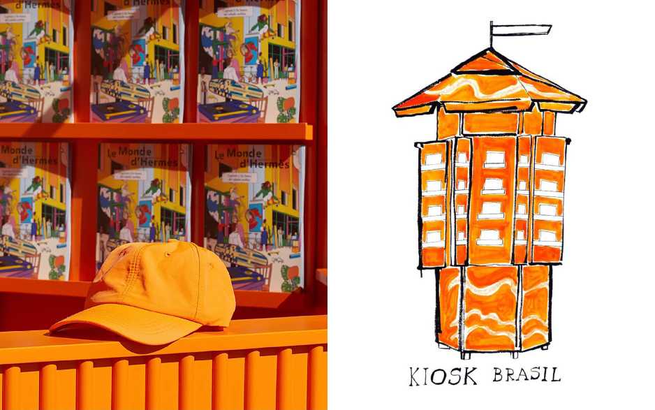 Montagem de fotos do Le Monde d’Hermès Kiosk que será instalado no Shopping Iguatemi São Paulo.