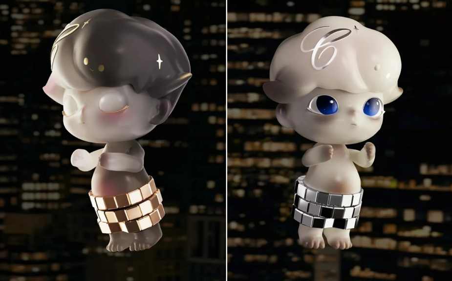 Montagem de fotos do bonequinho que esta sendo chamado de labubu da Chopard.