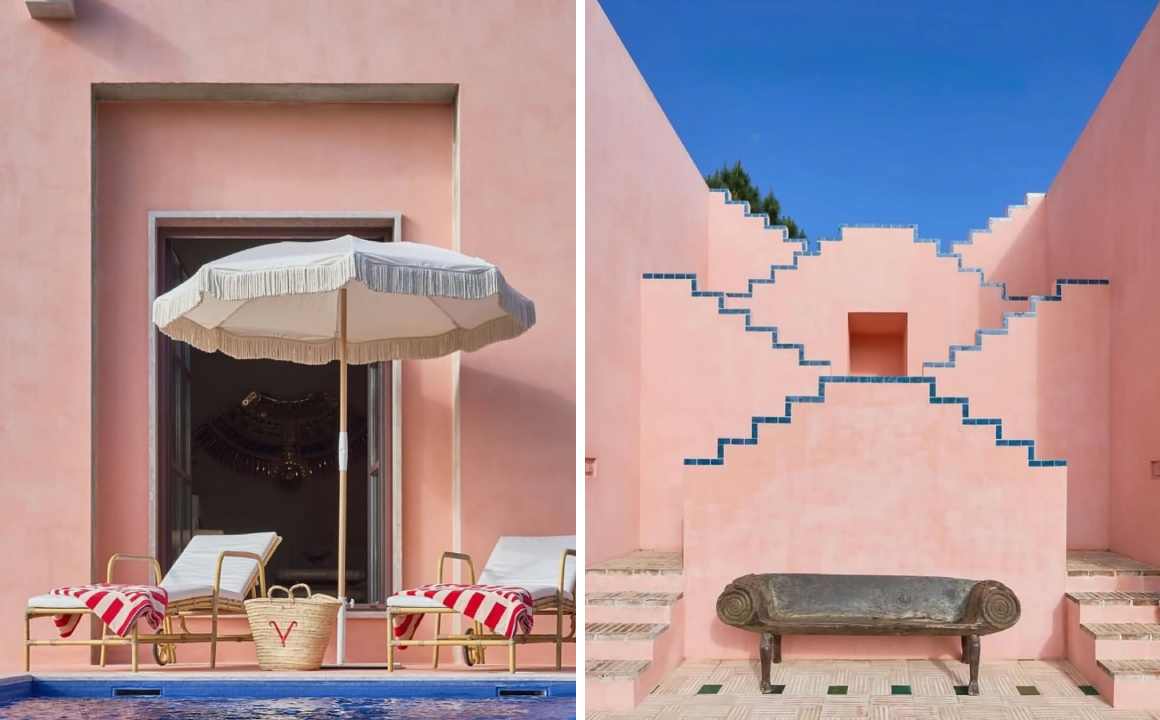 Montagem de fotos da decoração do novo hotel de Christian Louboutin com arquitetura de Tarek Shamma.